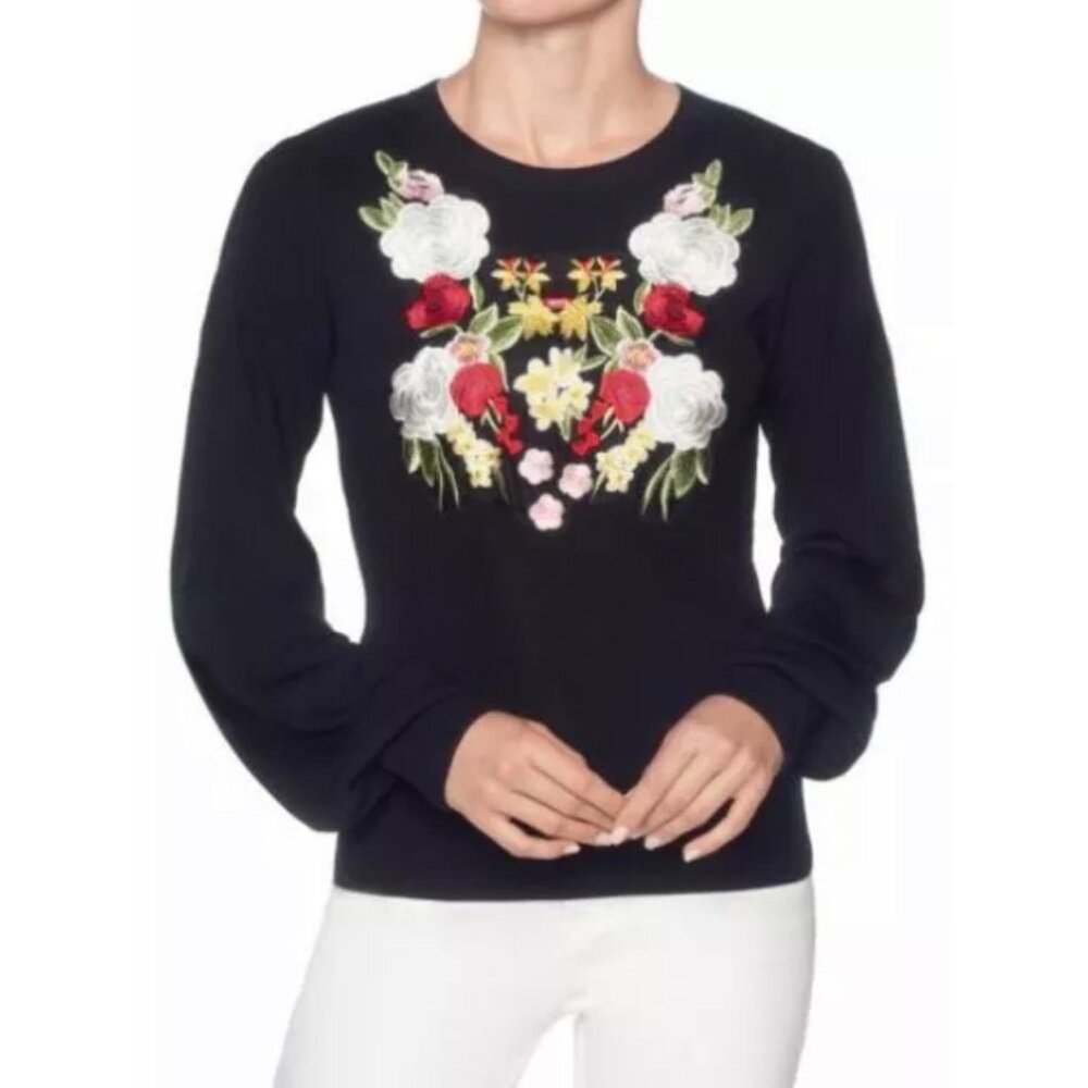 Magaschoni Floral Embroidered Sweater Size Medium Black Silk Blend New